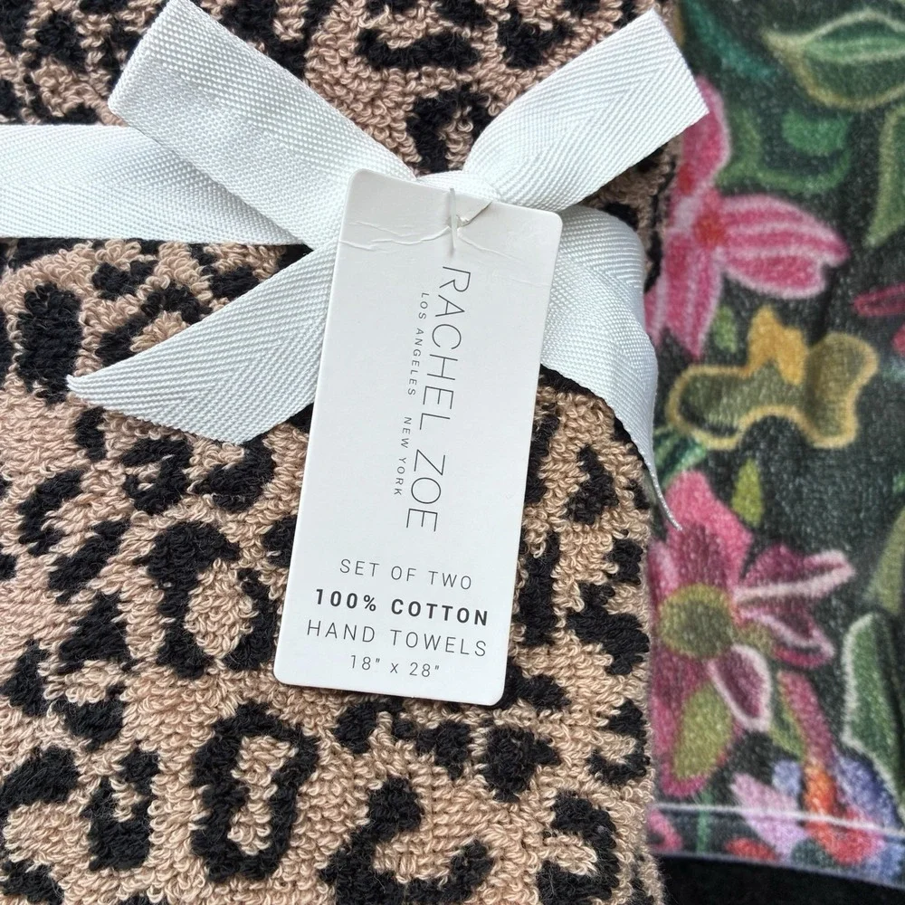 RACHEL ZOE  100% Cotton SET 2 HAND Towels REVERSIBLE LEOPARD PRINT NEW AUTHENTIC